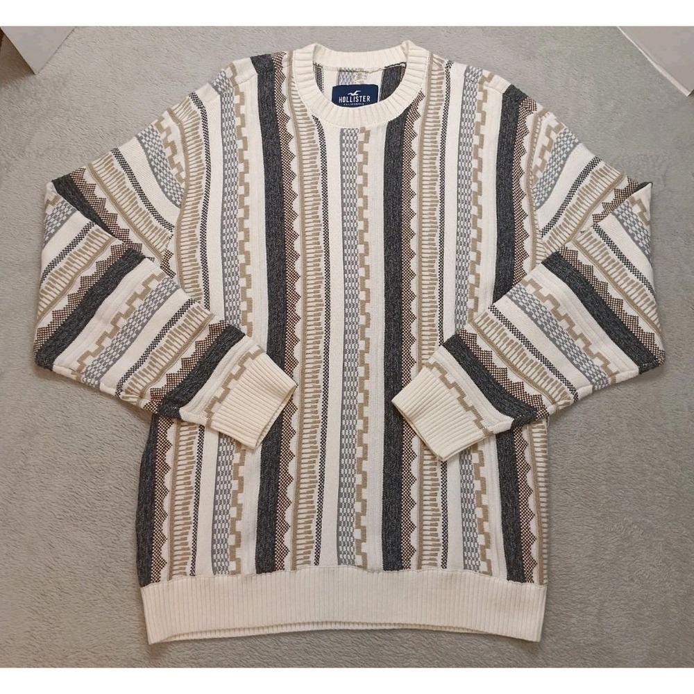 Hollister Mens M Coogi Style Sweater Geometric Vertical Stripe Cream Tan Grey 3D